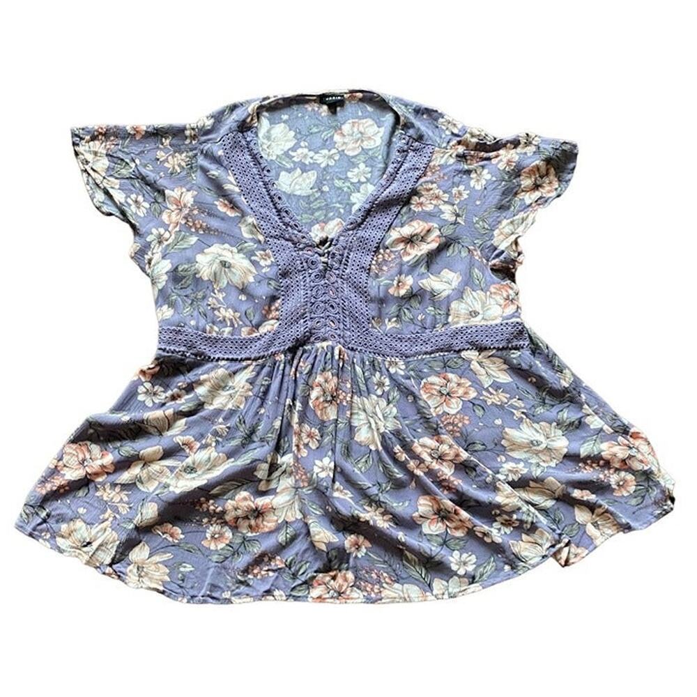 Torrid 3X (22/24) Floral Babydoll Top Crochet Lace V-Neck Blouse Boho Tunic